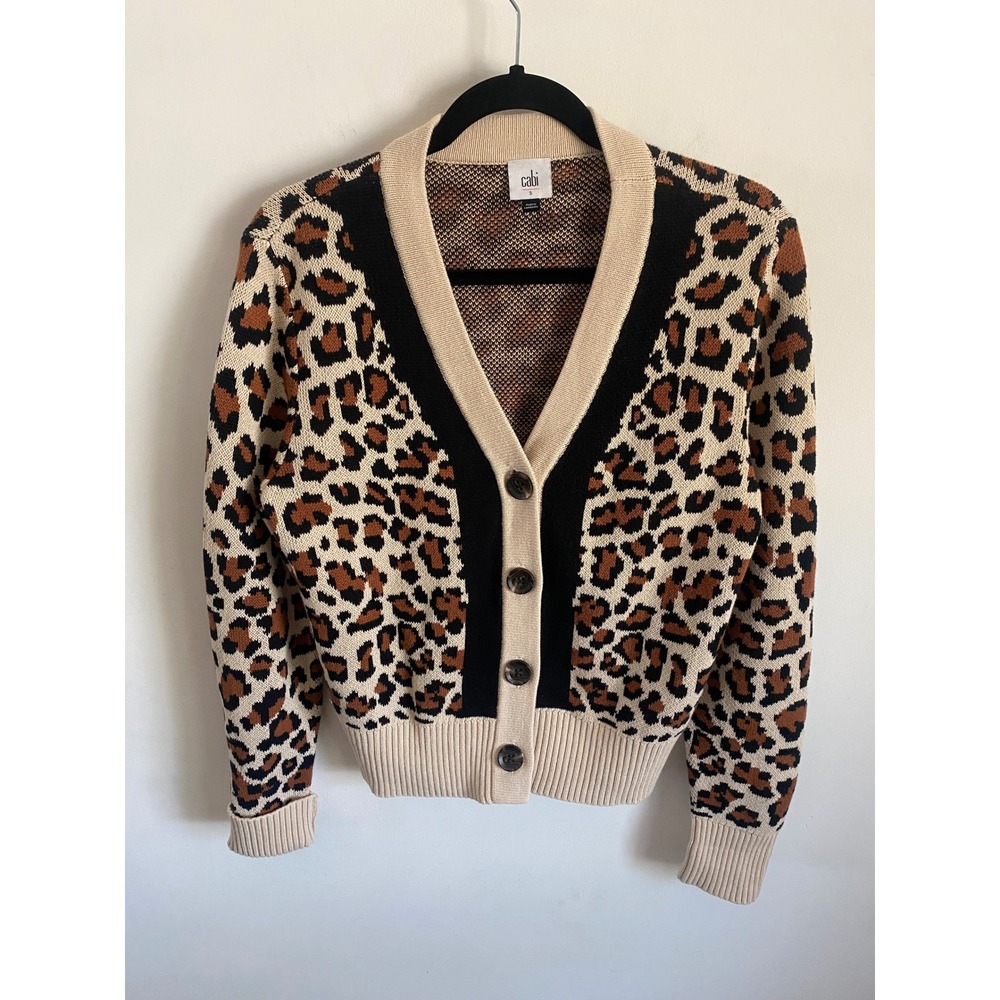 Cabi Women Leopard Print V-Neck Button Front Cardigan Sweater Tan Black Small